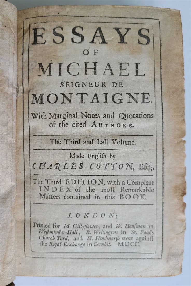 1700 ESSAYS of MICHAEL seigneur de MONTAIGNE Vol. III antique in ENGLISH (1 of 6)