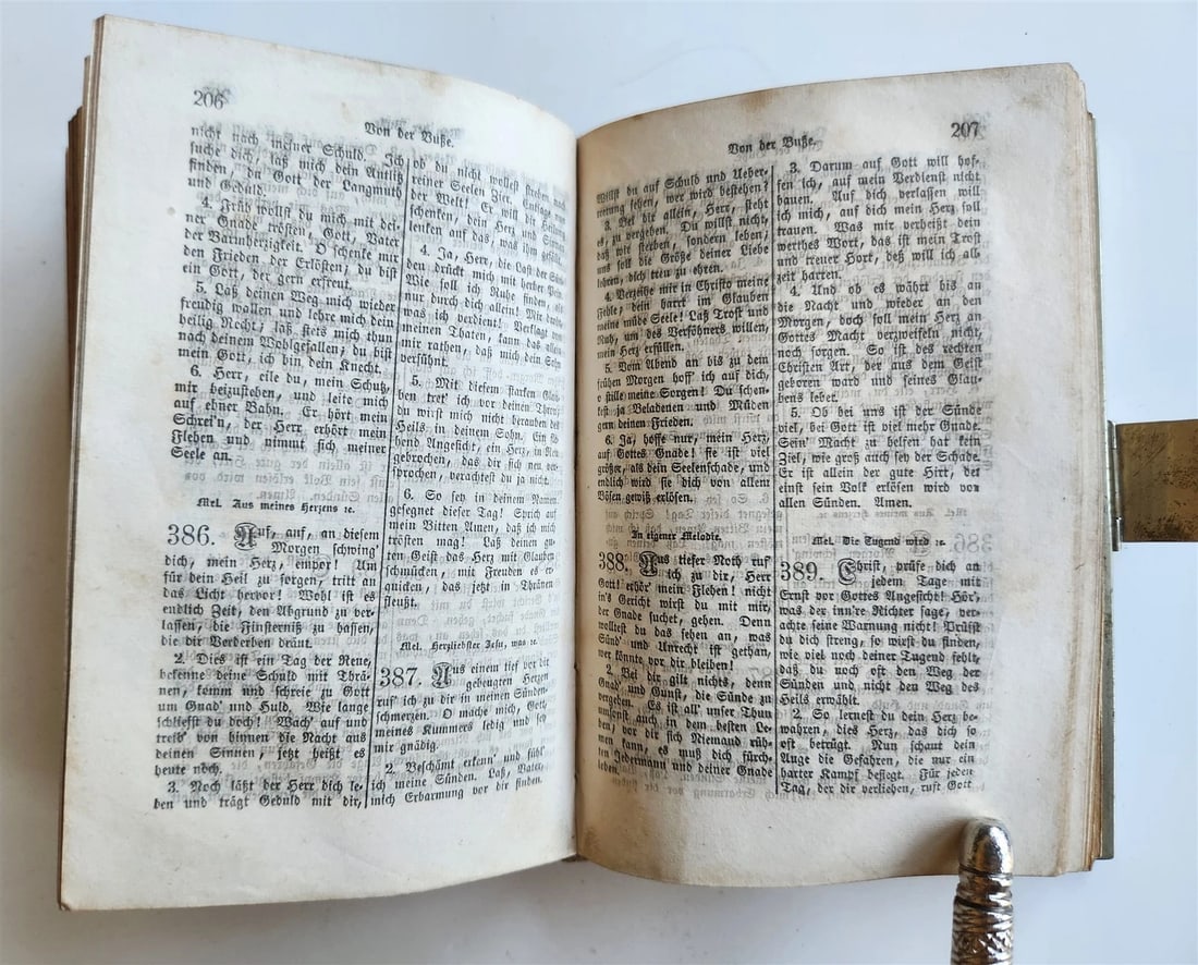 1853 GERMAN HYMNAL antique VELVET BINDING w/ APPLIED CROSS & BRASS EDGES - 8