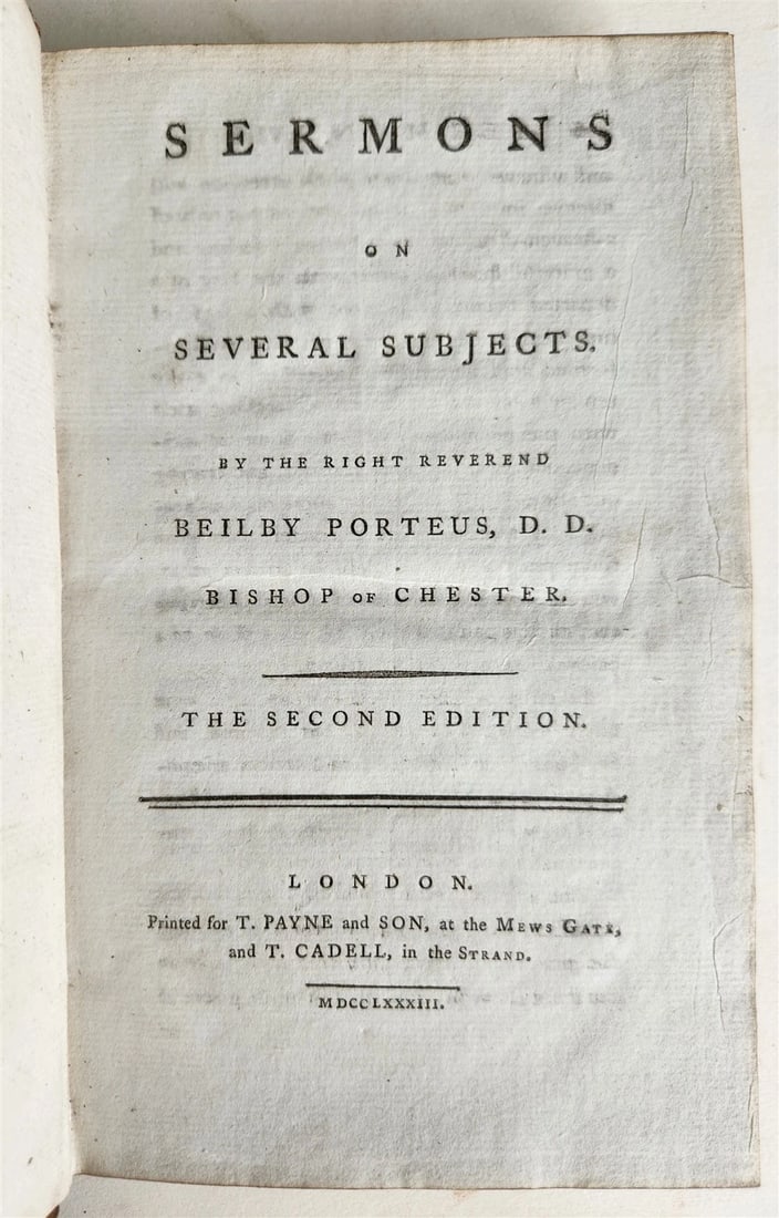 1783 SERMONS by Beilby Porteus antique CONVERSION of AFRICAN SLAVES in ENGLAND: Title: 1783 SERMONS by Beilby Porteus antique CONVERSION of AFRICAN SLAVES in ENGLAND Description: Porteus, Beilby. SERMONS ON SEVERAL SUBJECTS. London: T. Payne and Son, 1783. xi, [1], 429, [1] pp. T