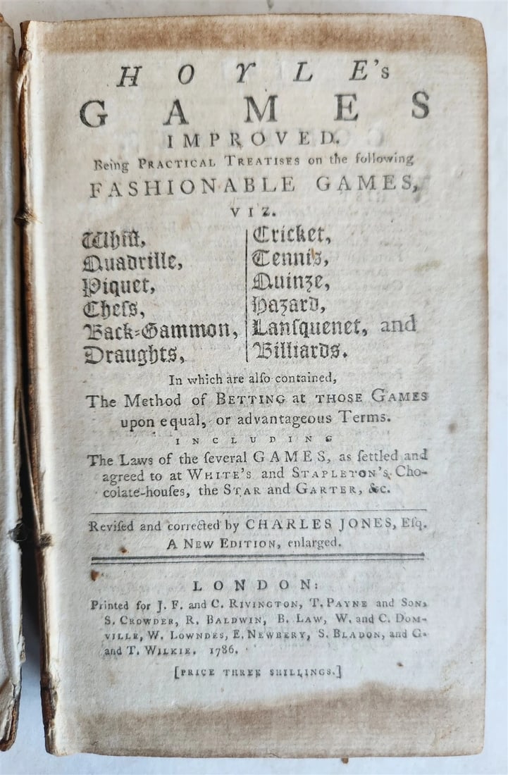 1786 HOYLE'S GAMES IMPROVED antique in ENGLISH: Title: 1786 HOYLE'S GAMES IMPROVED antique in ENGLISH Description: HOYLE'S GAMES IMPROVED London; 1786 Size 4 by 6 1/4 inches vi, 306 pp. Original leather binding , title labels at the spine good