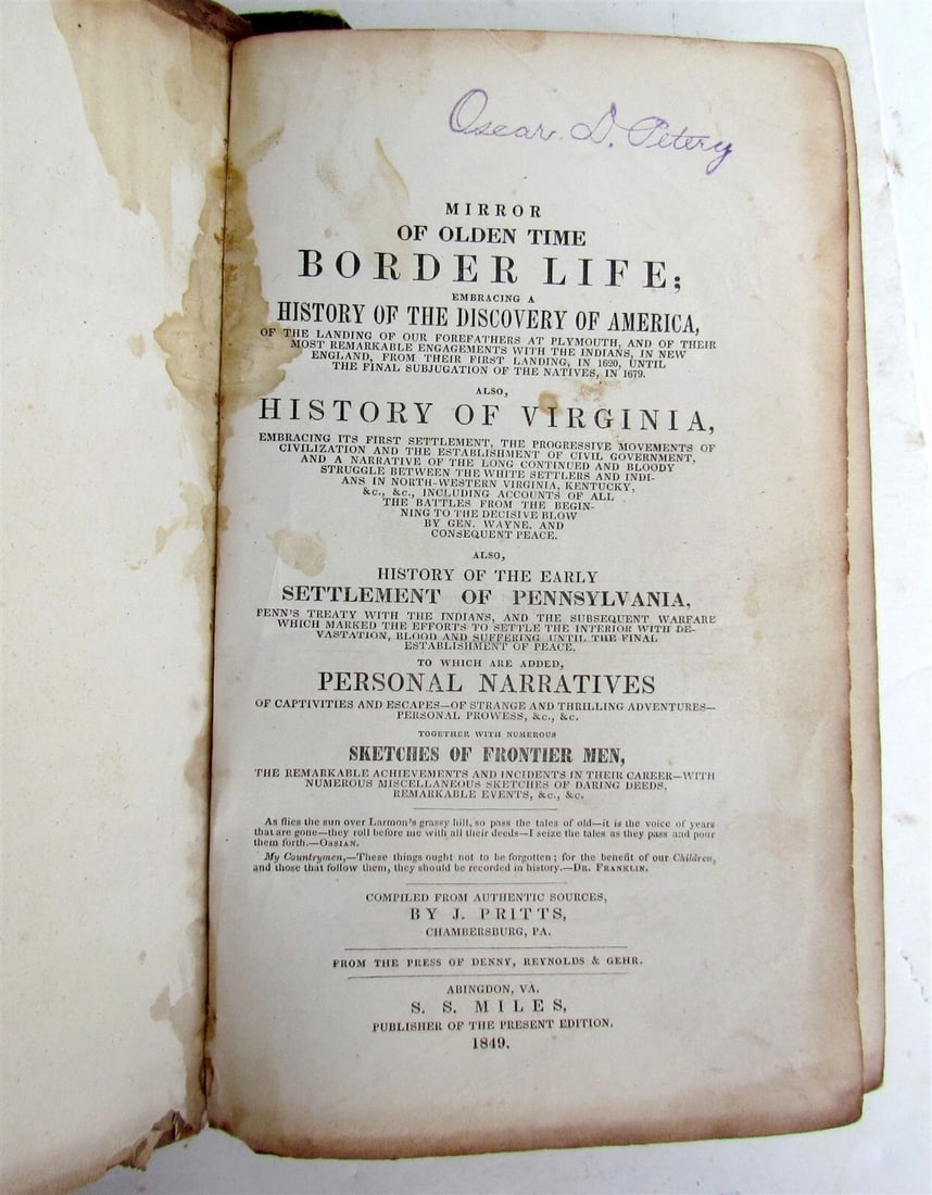 1848 MIRROR OF OLDEN TIME BORDER LIFE HISTORY of VIRGINIA antique AMERICANA: Title: 1848 MIRROR OF OLDEN TIME BORDER LIFE HISTORY of VIRGINIA antique AMERICANA Description: Mirror of Olden Time Border Life; embracing a History of the Discovery of America ... Also, History of