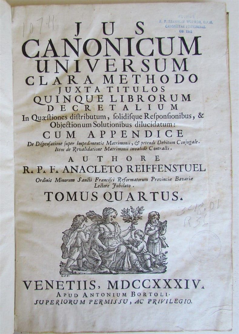 1734 ANTIQUE ANACLETO REIFFENSTUEL VELLUM BOUND FOLIO 9.5 x 13.5" 18th CENTURY: Title: 1734 ANTIQUE ANACLETO REIFFENSTUEL VELLUM BOUND FOLIO 9.5 x 13.5" 18th CENTURY Description: VOLUME IV "Jus canonicum universum : clara methodo juxta titulos quinque librorum decretalium in qu&#