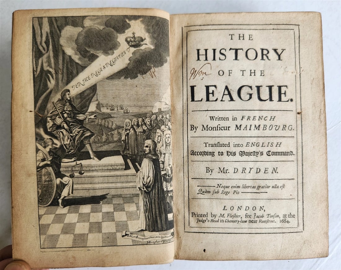 1684 HISTORY of the LEAGUE by MAIMBOURG transl. by DRYDEN antique in ENGLISH: Title: 1684 HISTORY of the LEAGUE by MAIMBOURG transl. by DRYDEN antique in ENGLISH Description: Maimbourg. The History of the League. Translated by Dryden. London, 1684 Engraved frontispiece by Burgh