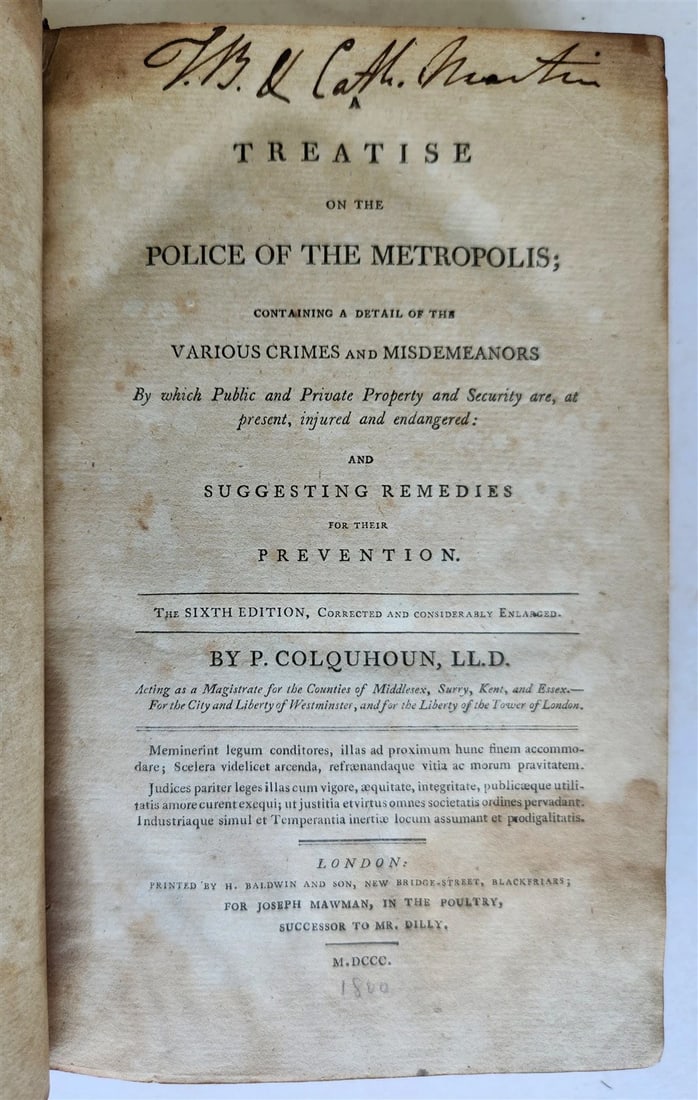 1800 TREATISE on the POLICE of METROPOLIS by Patrick Colquhoun antique: Title: 1800 TREATISE on the POLICE of METROPOLIS by Patrick Colquhoun antique Description: Patrick Colquhoun Treatise on the Police of the Metropolis; Containing a Detail of the Various Crimes and
