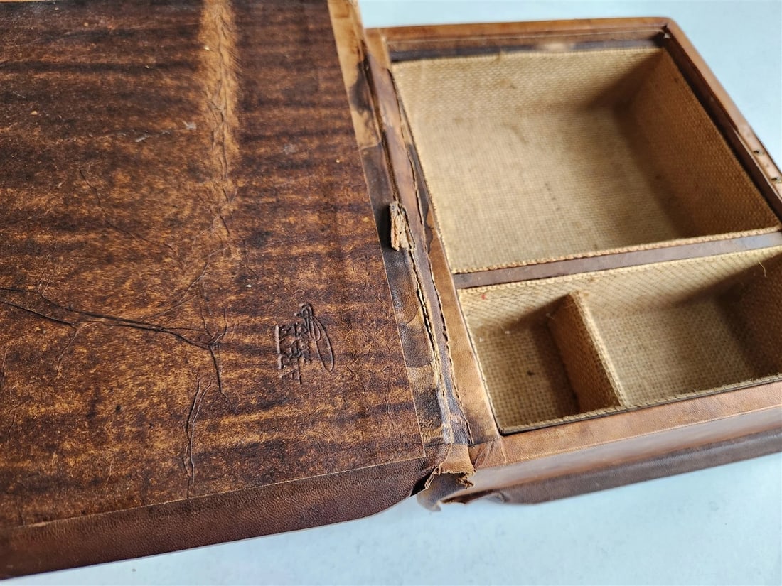 BOOK SHAPED CONTAINER vintage BOX LEATHER OVER WOOD - 3