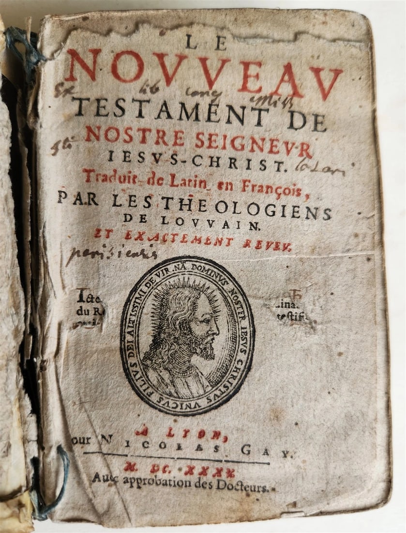 1640 BIBLE in FRENCH RARE ILLUSTRATED LE NOUVEAU TESTAMENT antique VELLUM BOUND: Title: 1640 BIBLE in FRENCH RARE ILLUSTRATED LE NOUVEAU TESTAMENT antique VELLUM BOUND Description: LE NOUVEAU TESTAMENT Lyon: Nicolas Gay, 1640 894, [2, blank] pp. With numerous woodcut