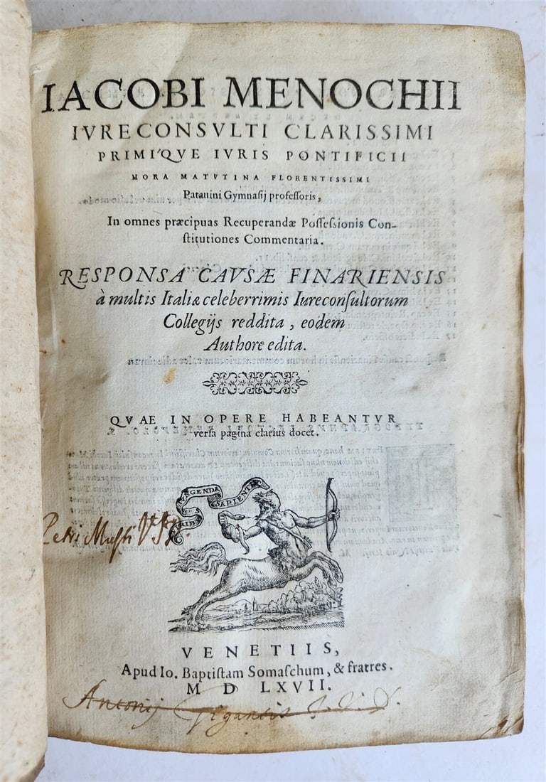 1567 LAW BOOK RESPONSA CAUSAE FINARIENSIS by JACOBI MENOCHII antique VELLUM: Title: 1567 LAW BOOK RESPONSA CAUSAE FINARIENSIS by JACOBI MENOCHII antique VELLUM Description: JACOBI MENOCHII RESPONSA CAUSAE FINARIENSIS Venice; 1567 Size 6.5 by 8.5 inches 8 lvs., 257 lvs., plus i