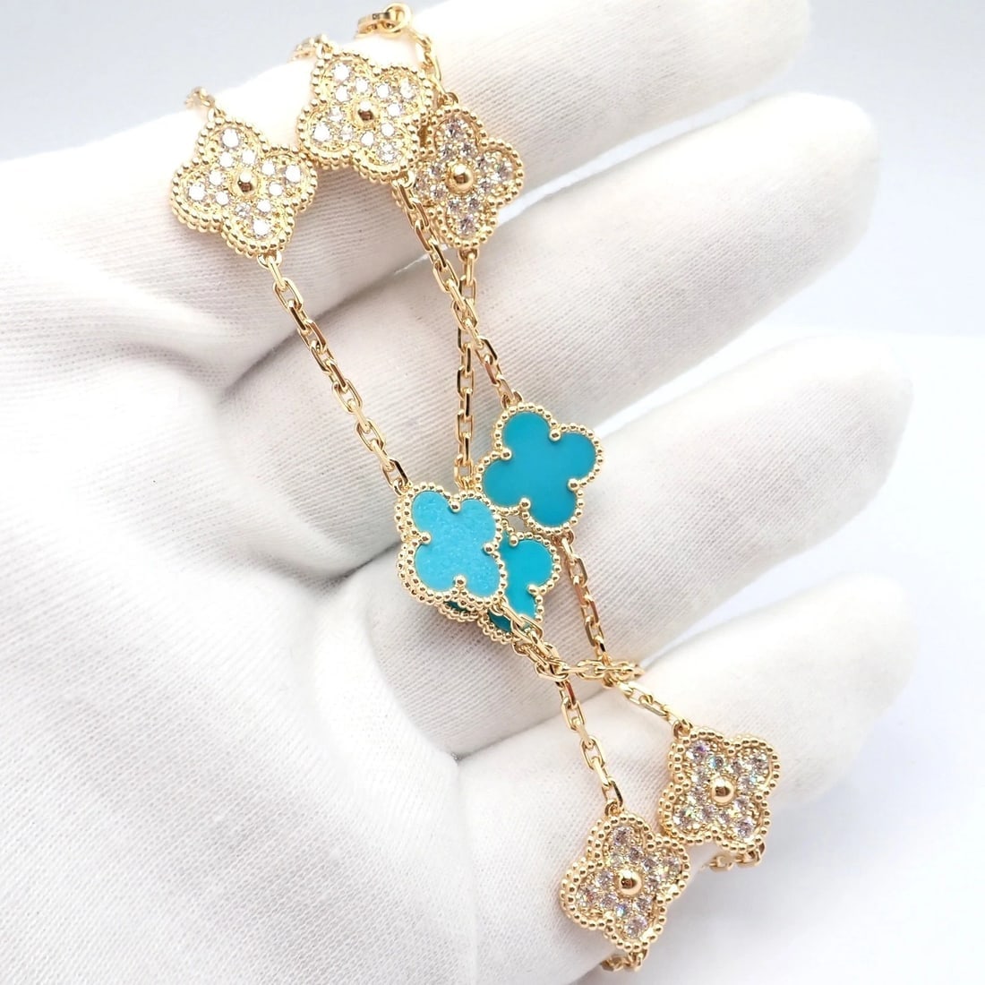 Van Cleef & Arpels 18k Yellow Gold 20 Motif Alhambra Diamond Turquoise Necklace - 10