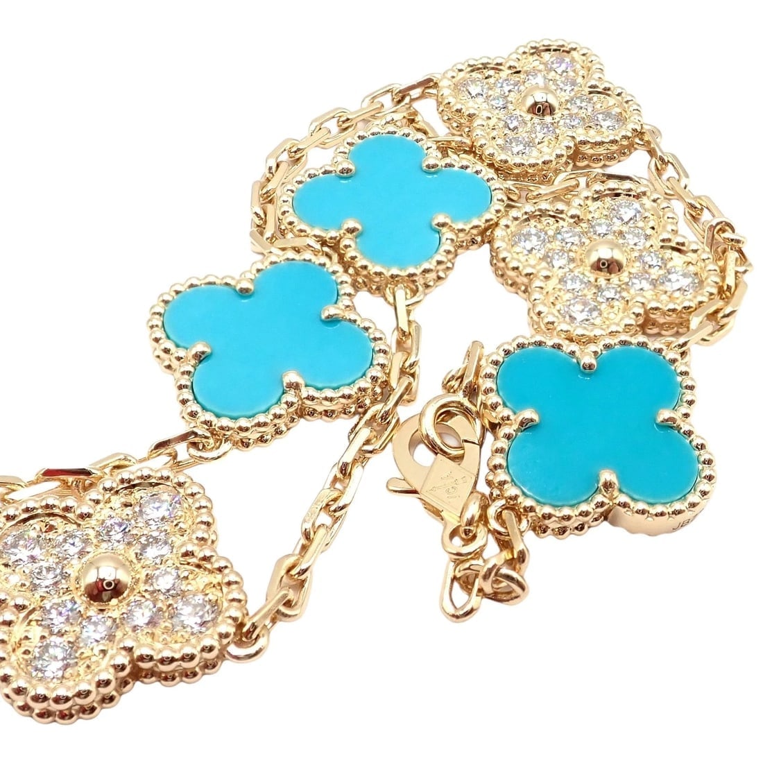 Van Cleef & Arpels 18k Yellow Gold 20 Motif Alhambra Diamond Turquoise Necklace - 12