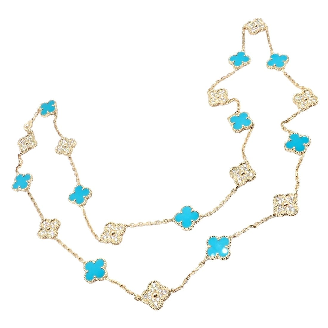 Van Cleef & Arpels 18k Yellow Gold 20 Motif Alhambra Diamond Turquoise Necklace - 13