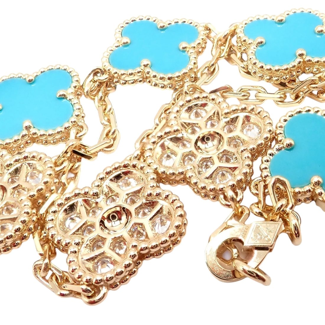 Van Cleef & Arpels 18k Yellow Gold 20 Motif Alhambra Diamond Turquoise Necklace - 14