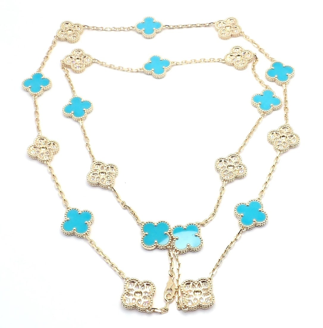 Van Cleef & Arpels 18k Yellow Gold 20 Motif Alhambra Diamond Turquoise Necklace - 15