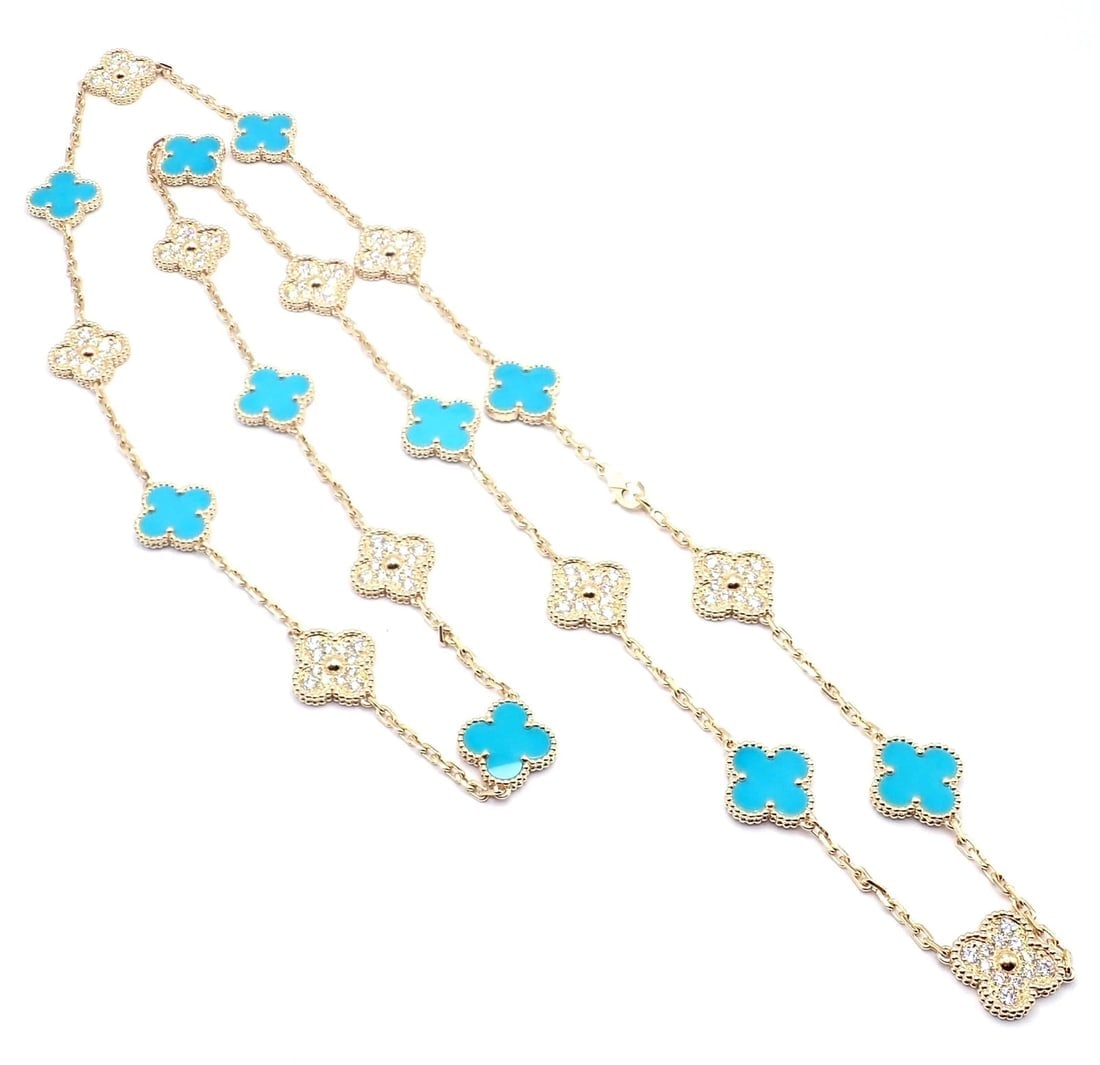 Van Cleef & Arpels 18k Yellow Gold 20 Motif Alhambra Diamond Turquoise Necklace - 16