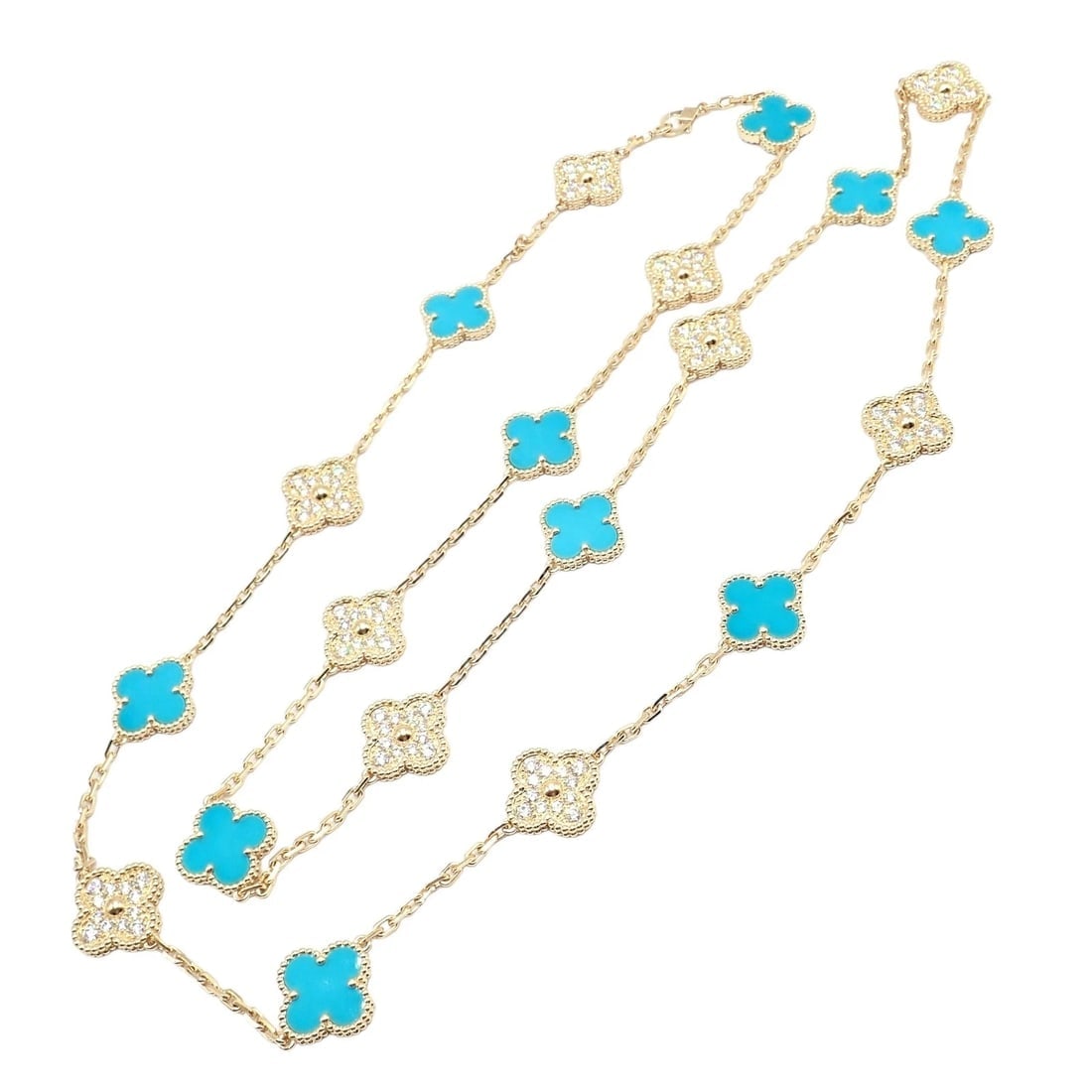 Van Cleef & Arpels 18k Yellow Gold 20 Motif Alhambra Diamond Turquoise Necklace - 2