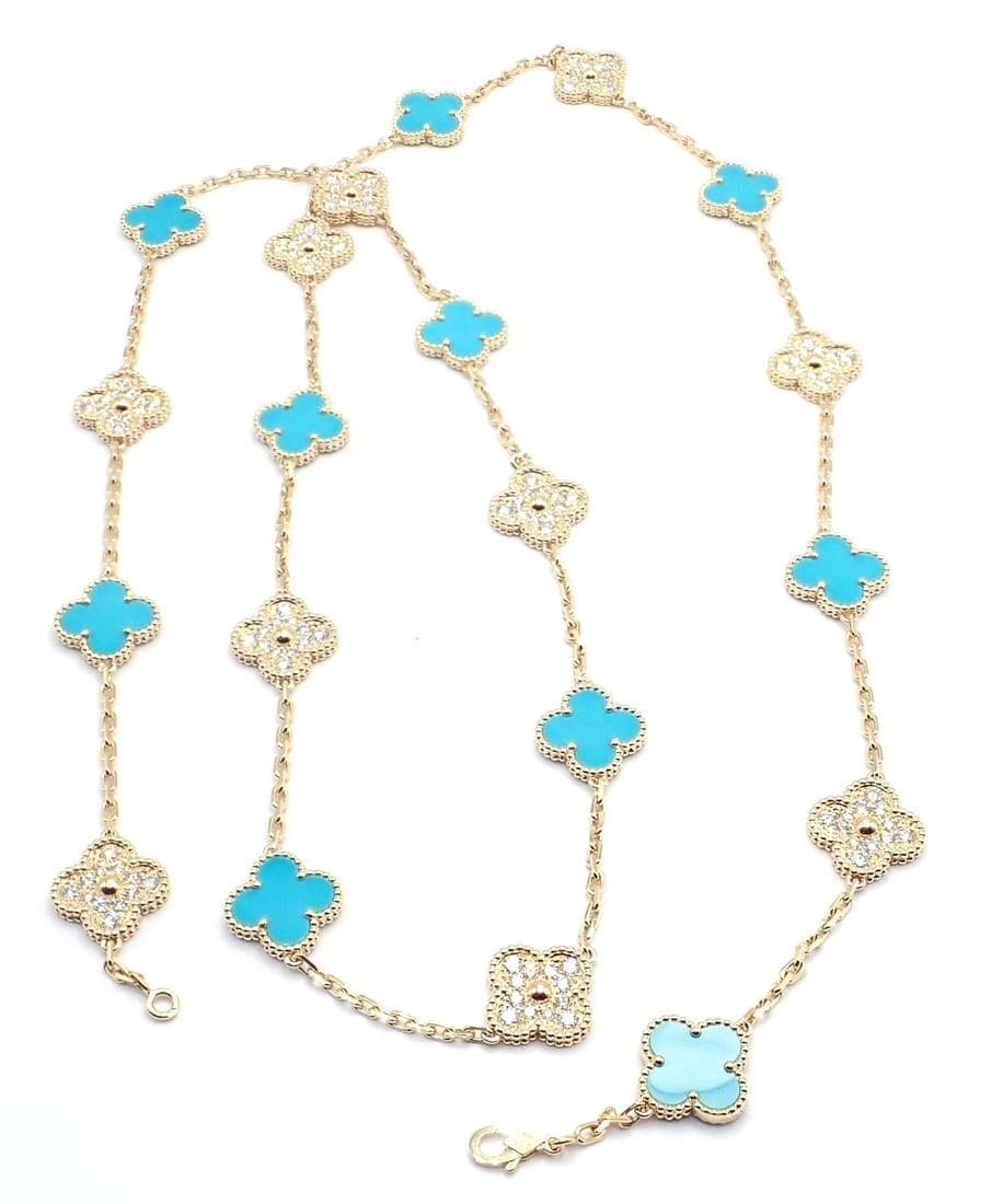 Van Cleef & Arpels 18k Yellow Gold 20 Motif Alhambra Diamond Turquoise Necklace - 3
