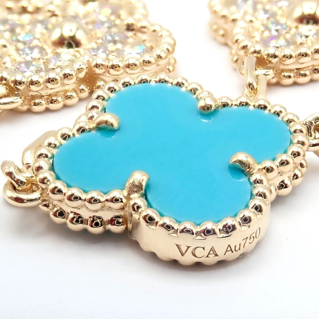 Van Cleef & Arpels 18k Yellow Gold 20 Motif Alhambra Diamond Turquoise Necklace - 6