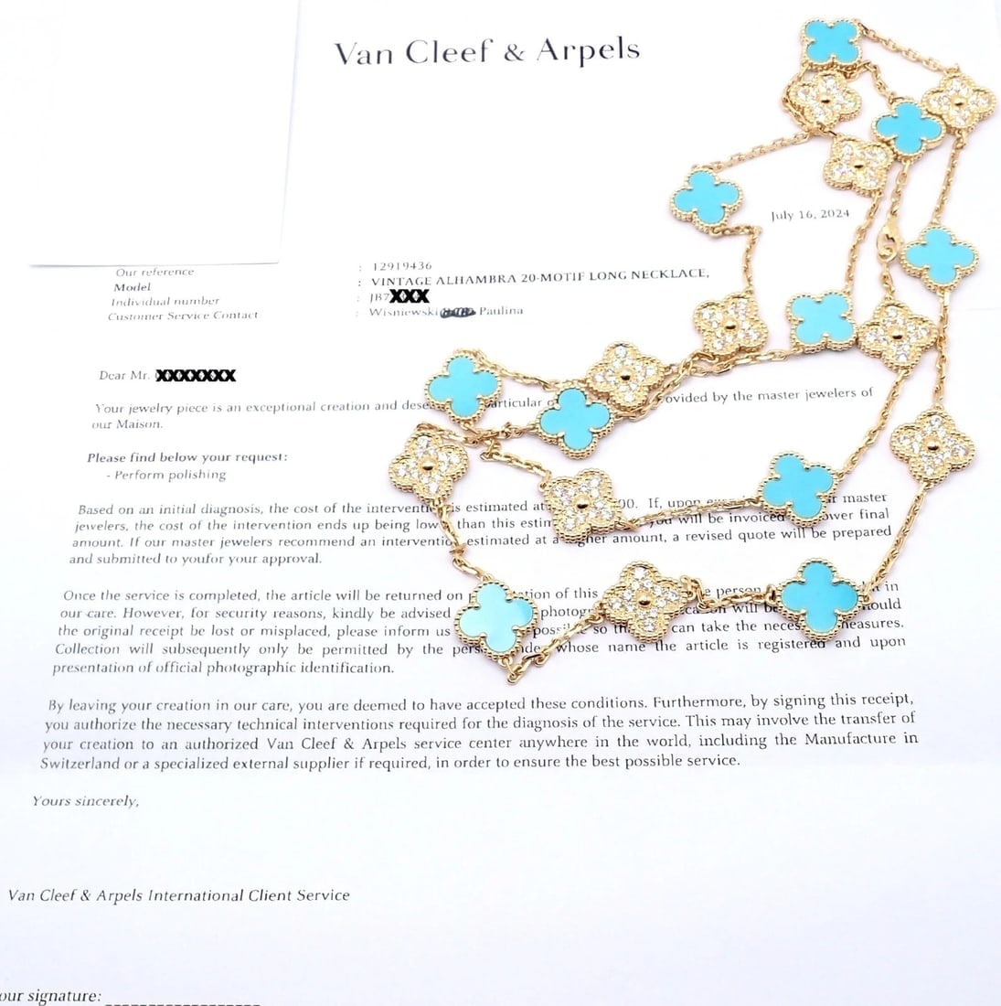 Van Cleef & Arpels 18k Yellow Gold 20 Motif Alhambra Diamond Turquoise Necklace - 7