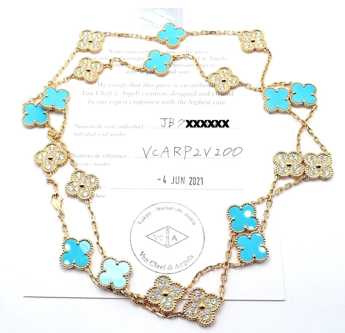 Van Cleef & Arpels 18k Yellow Gold 20 Motif Alhambra Diamond Turquoise Necklace - 8