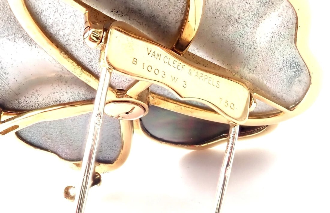 Van Cleef & Arpels Clématite 18k Yellow Gold Diamond Gray Mother of Pearl Brooch - 9