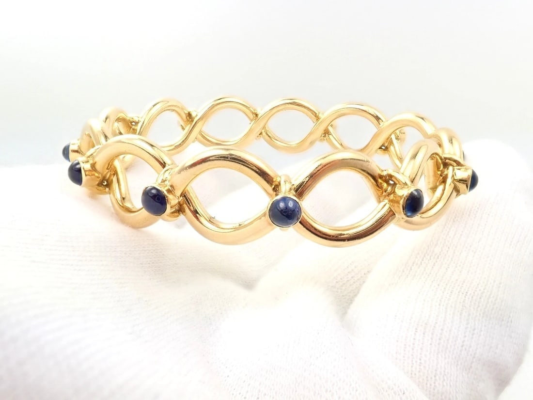 Rare! Authentic Tiffany & Co 18k Yellow Gold France Sapphire Bangle Bracelet - 7