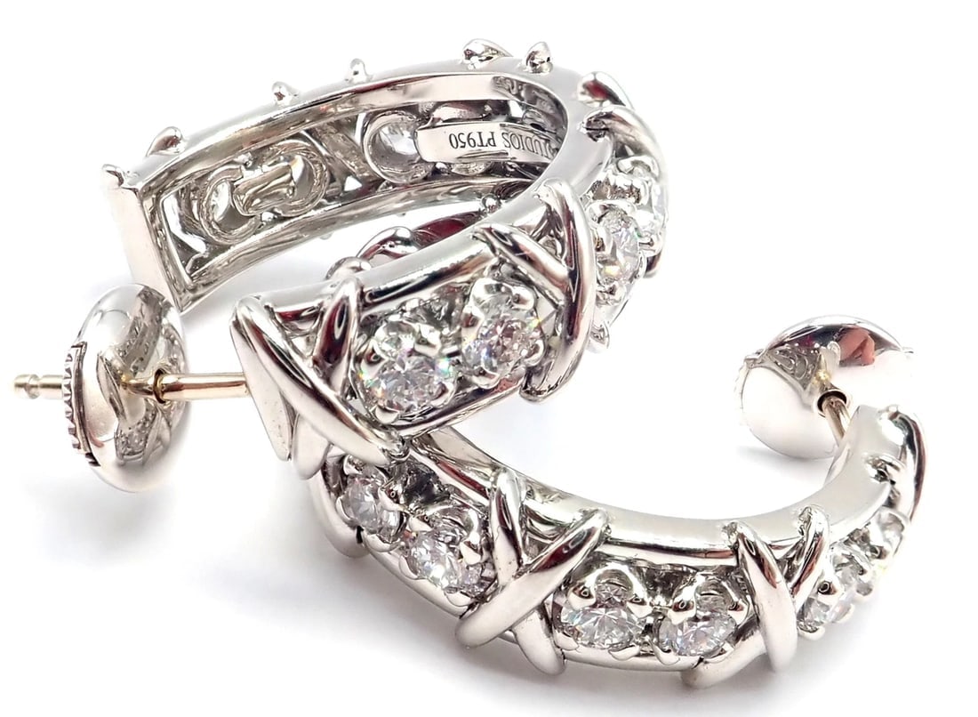 Authentic Tiffany & Co Schlumberger Twenty Stones Platinum Diamond Hoop Earrings - 3