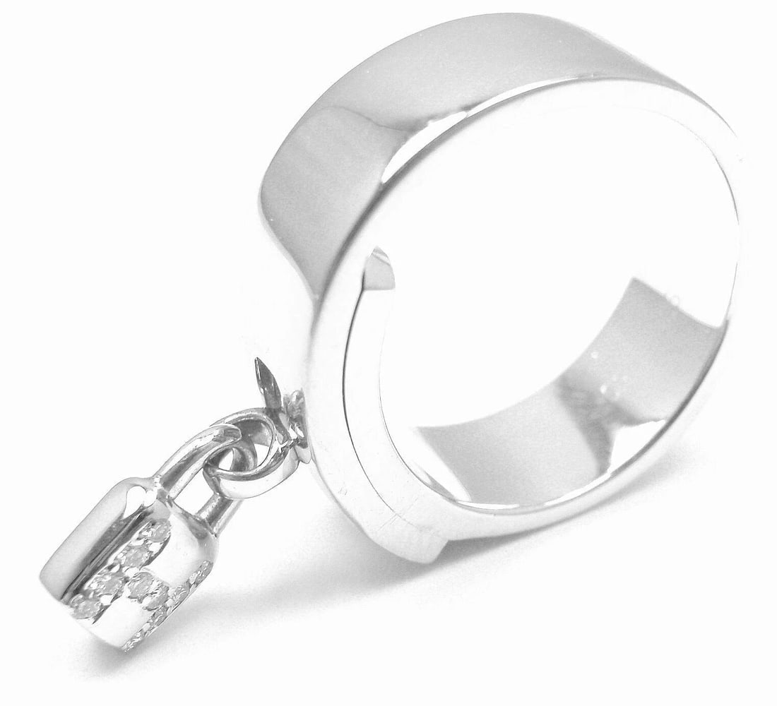 Authentic! Hermes 18k White Gold Diamond "H" Lock Band Ring Size 5 - 8