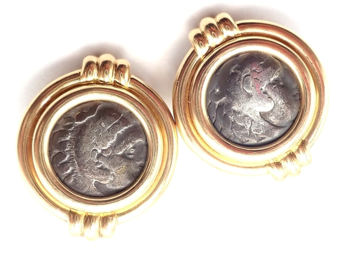 Vintage Bulgari Bvlgari 18k Yellow Gold Alexander The Great Coin Moneta Earrings - 11