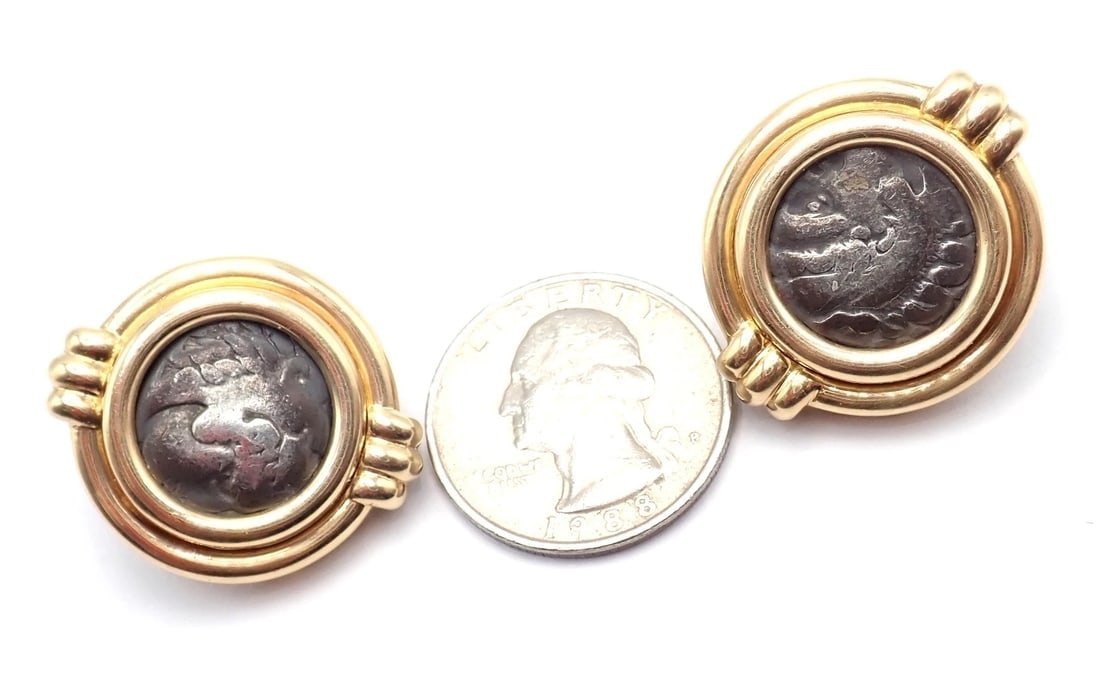 Vintage Bulgari Bvlgari 18k Yellow Gold Alexander The Great Coin Moneta Earrings - 12