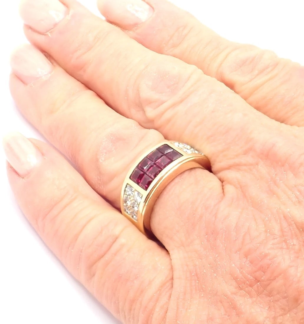 Authentic Cartier Diabolo 18k Yellow Gold Diamond Invisible Ruby Band Ring - 10