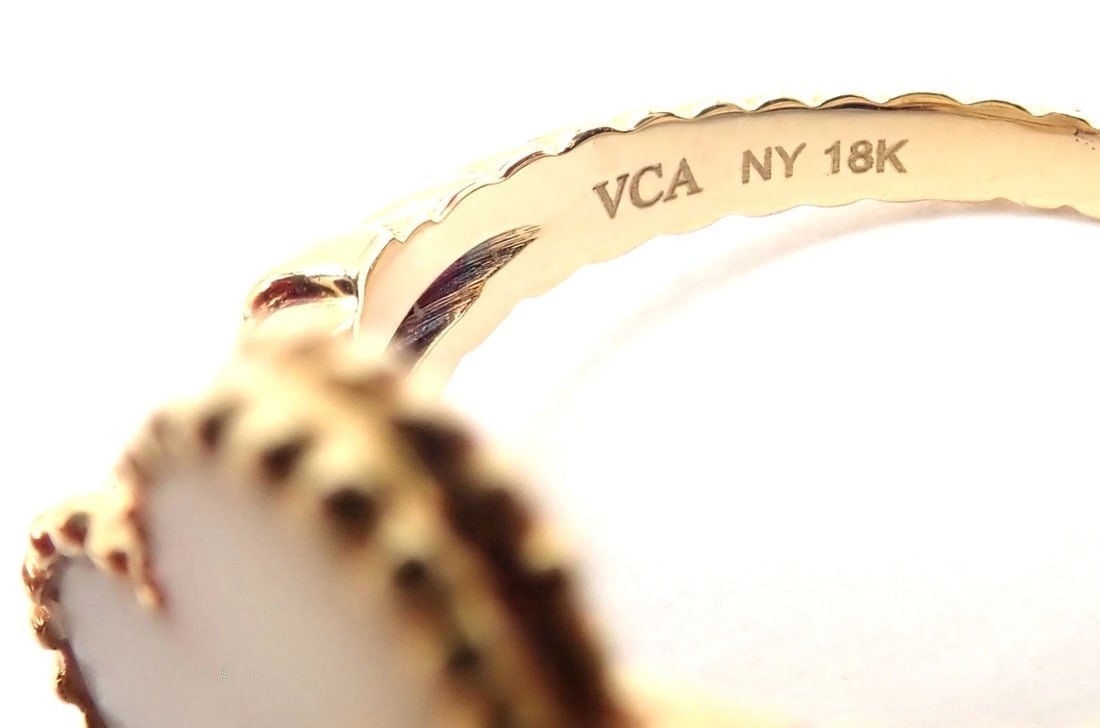 Van Cleef & Arpels Vintage Alhambra 18k Yellow Gold Diamond White Coral Ring - 6