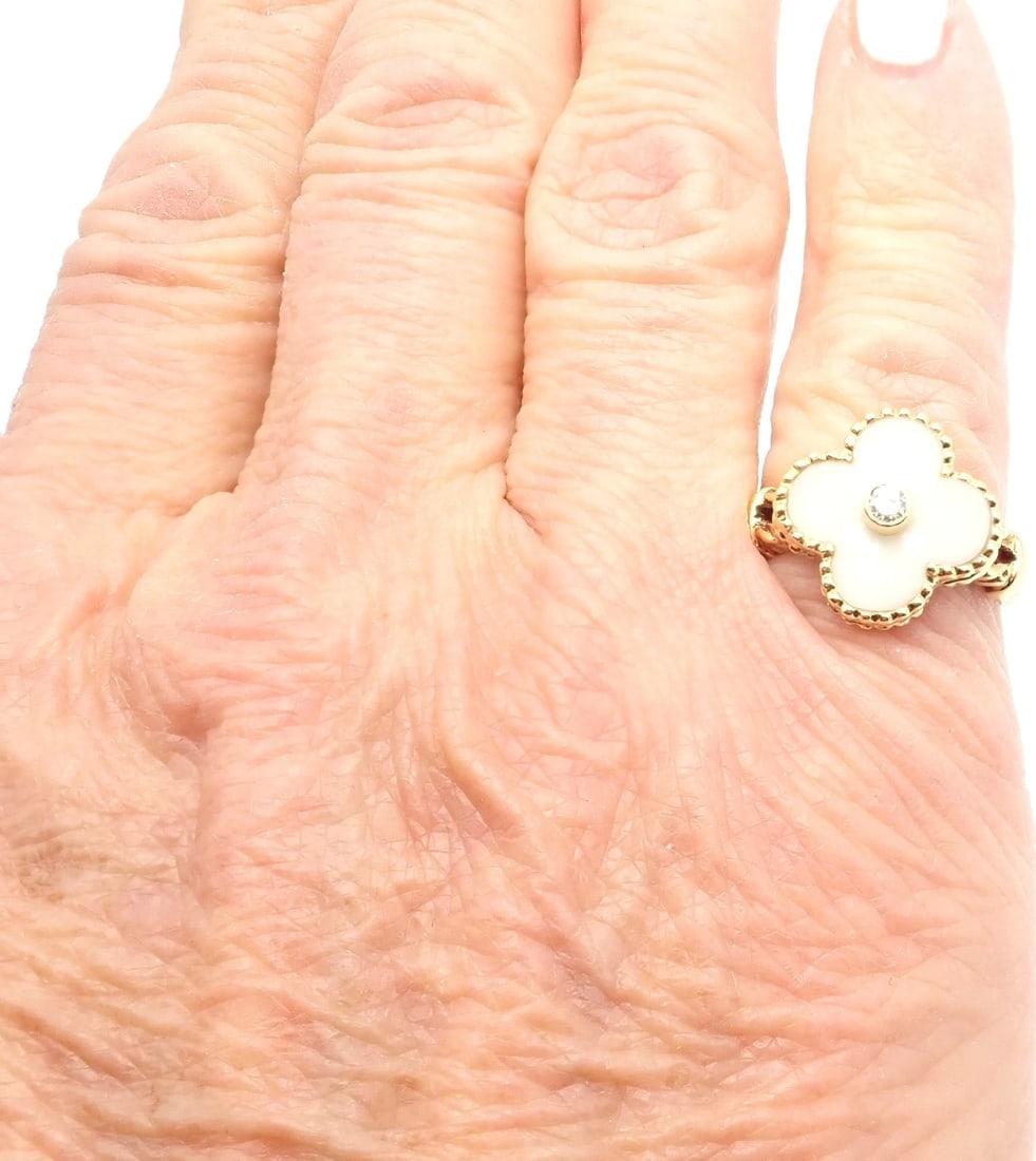 Van Cleef & Arpels Vintage Alhambra 18k Yellow Gold Diamond White Coral Ring - 8