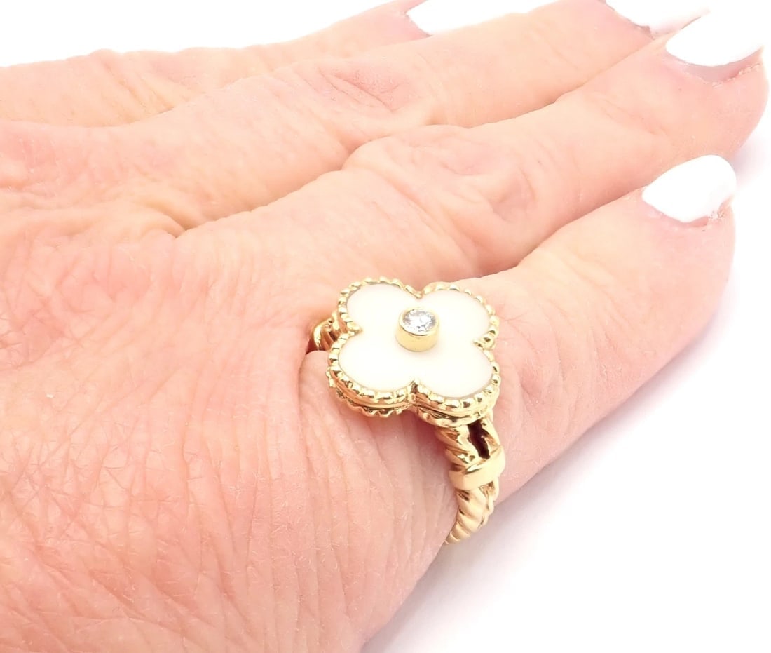 Van Cleef & Arpels Vintage Alhambra 18k Yellow Gold Diamond White Coral Ring - 9