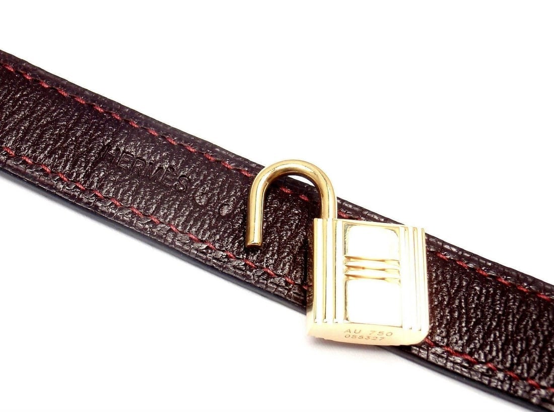Very Rare! Authentic HERMES 18k Yellow Gold & Crocodile Burgundy Bracelet - 10