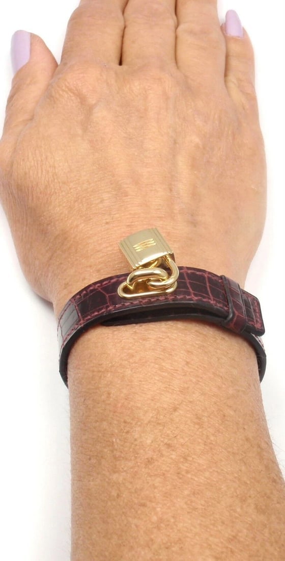 Very Rare! Authentic HERMES 18k Yellow Gold & Crocodile Burgundy Bracelet - 11