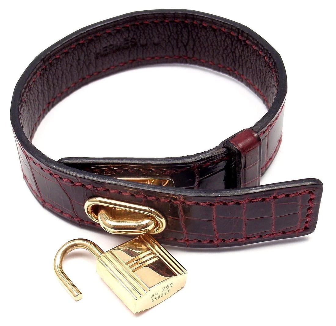 Very Rare! Authentic HERMES 18k Yellow Gold & Crocodile Burgundy Bracelet - 7
