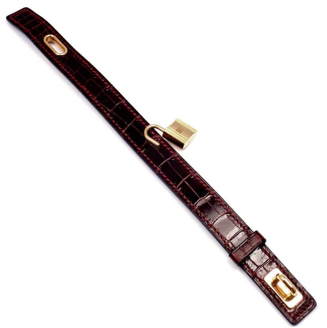 Very Rare! Authentic HERMES 18k Yellow Gold & Crocodile Burgundy Bracelet - 8