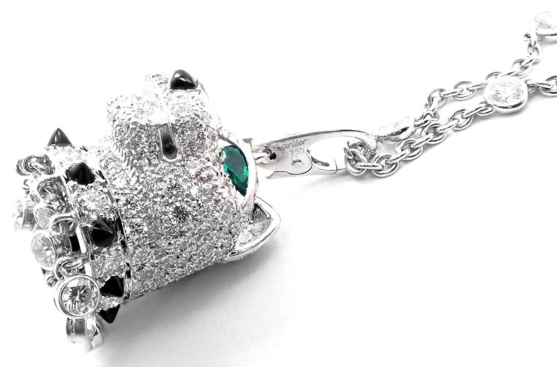 Authentic! Cartier Panther 18k White Gold Diamond Emerald Onyx Pendant Necklace - 11