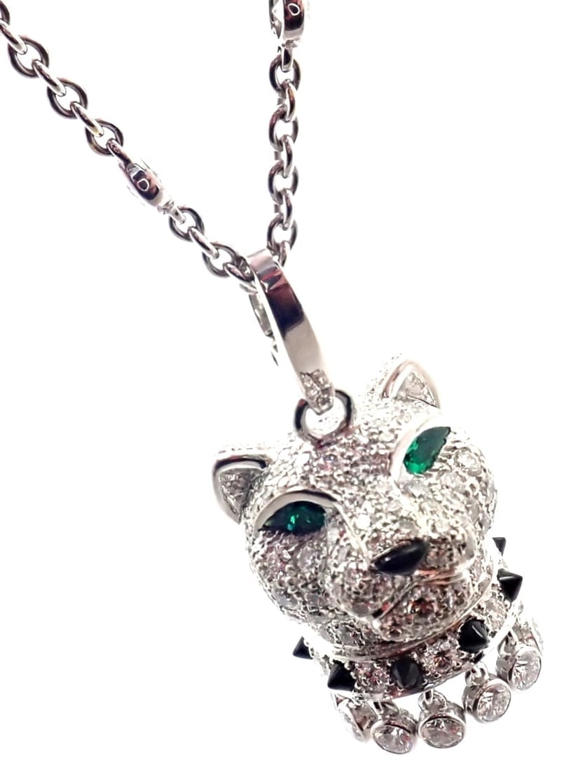 Authentic! Cartier Panther 18k White Gold Diamond Emerald Onyx Pendant Necklace - 14