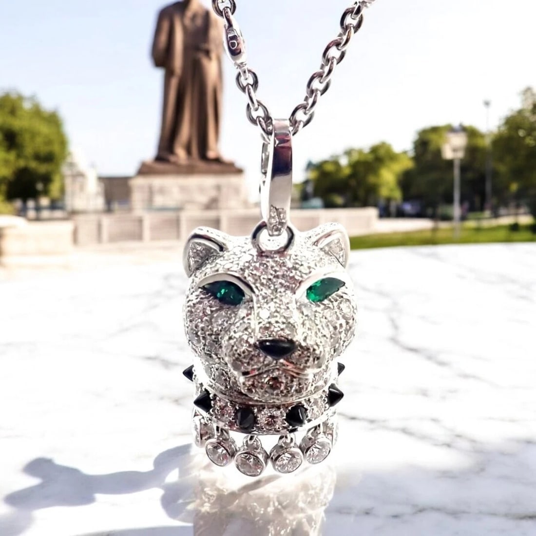 Authentic! Cartier Panther 18k White Gold Diamond Emerald Onyx Pendant Necklace - 2