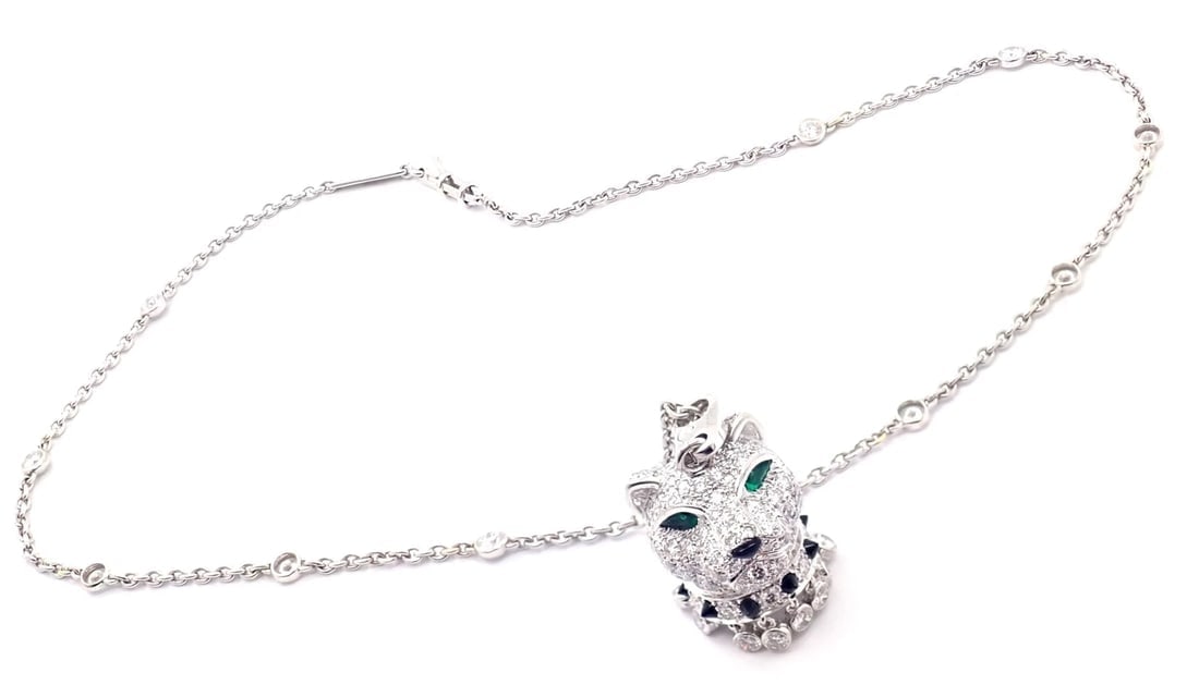 Authentic! Cartier Panther 18k White Gold Diamond Emerald Onyx Pendant Necklace - 4