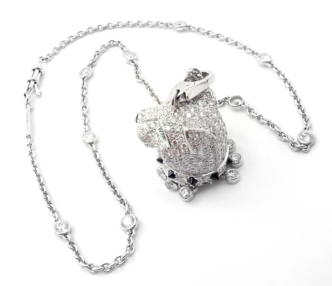 Authentic! Cartier Panther 18k White Gold Diamond Emerald Onyx Pendant Necklace - 8