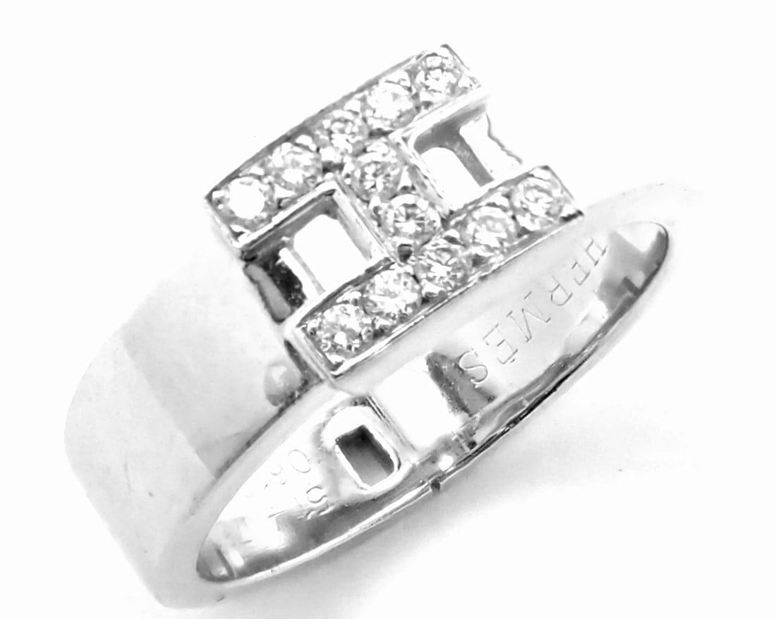 Authentic! Hermes 18k White Gold Diamond H Band Ring - 7