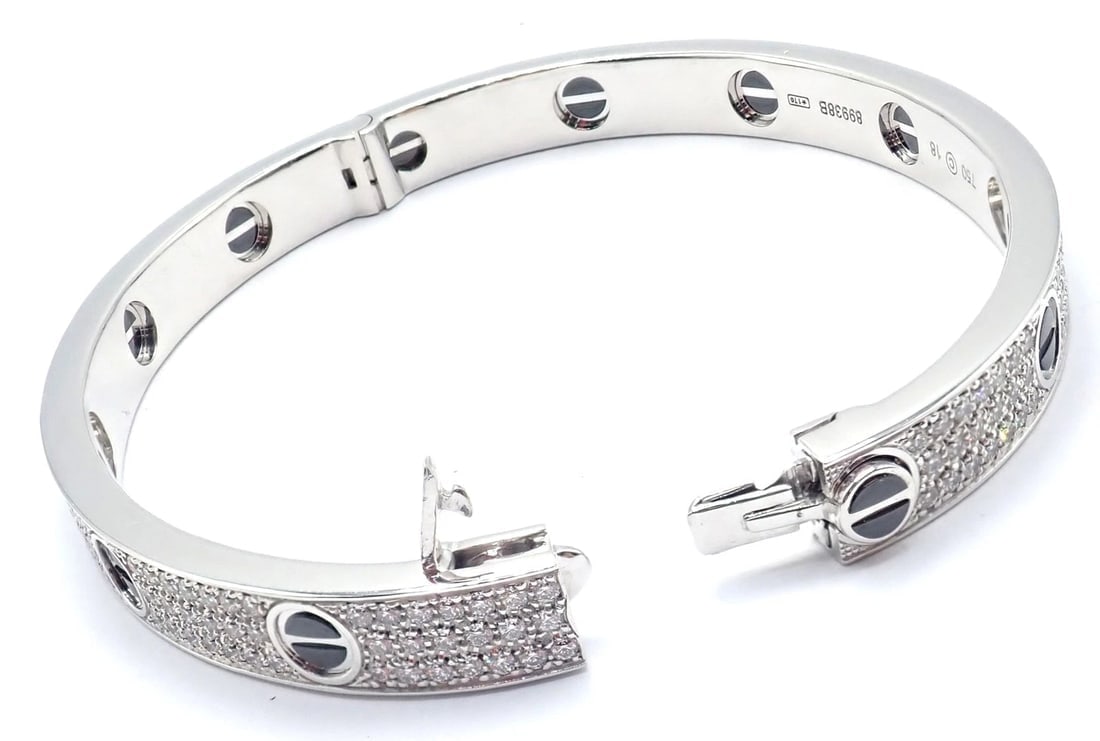 Authentic! Cartier Love 18k White Gold Diamond Pave Ceramic Bracelet Sz 18 Paper - 10