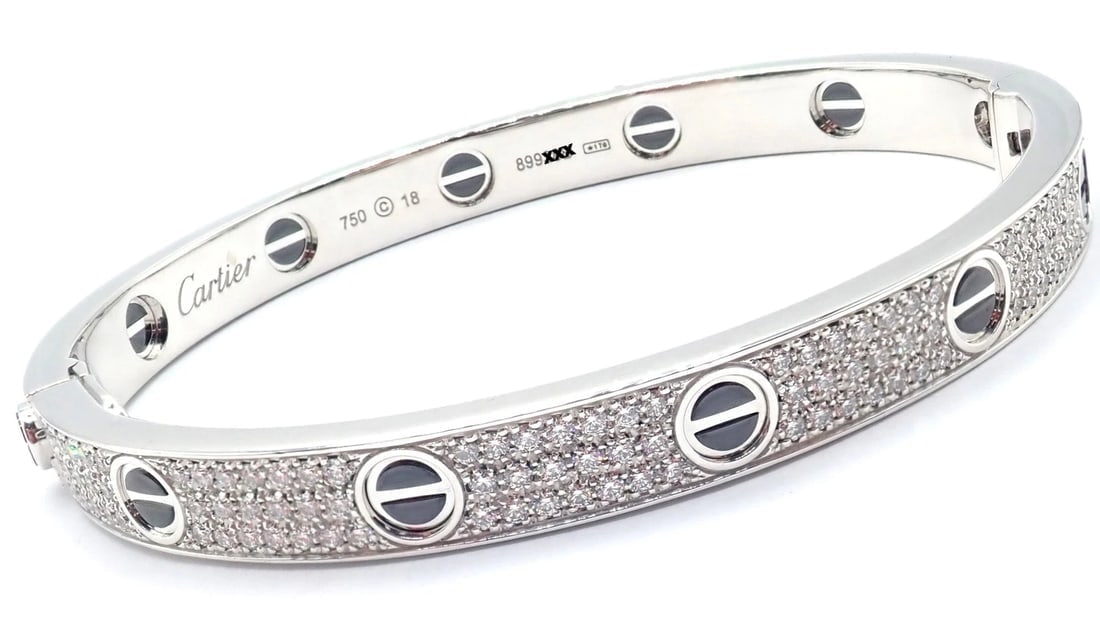 Authentic! Cartier Love 18k White Gold Diamond Pave Ceramic Bracelet Sz 18 Paper - 11