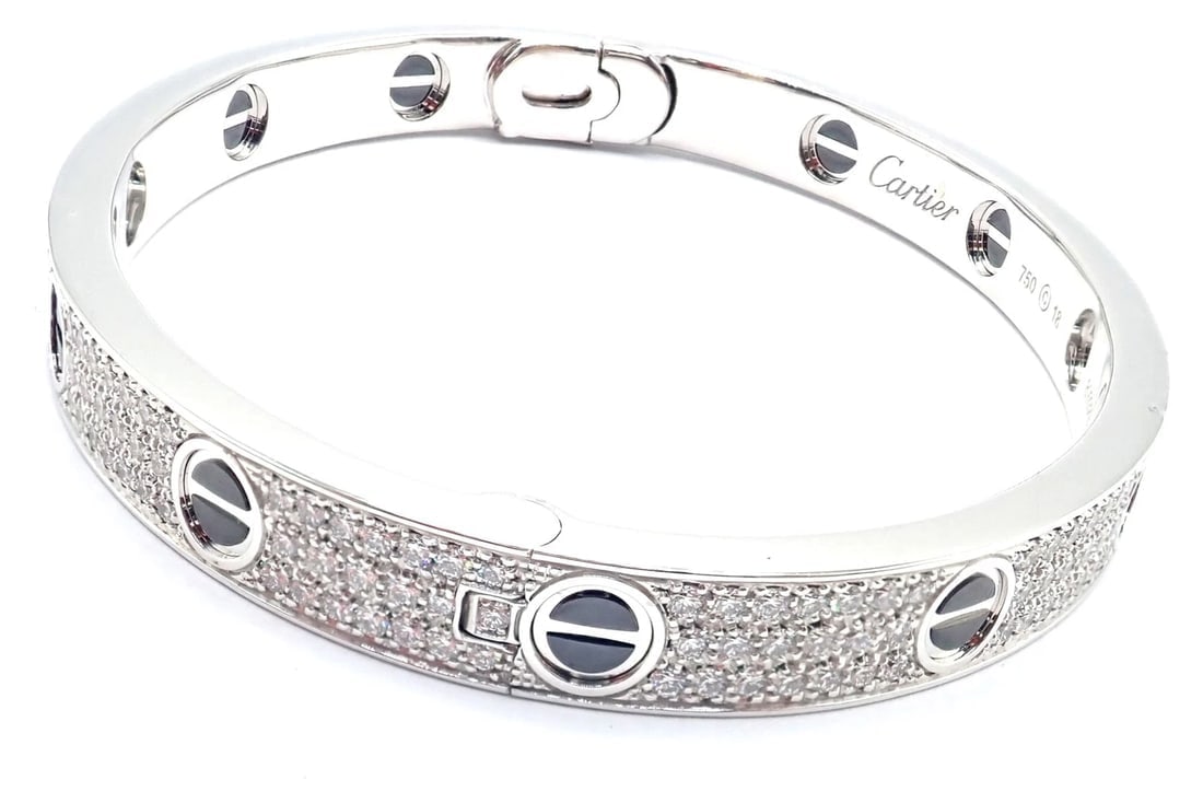 Authentic! Cartier Love 18k White Gold Diamond Pave Ceramic Bracelet Sz 18 Paper - 12