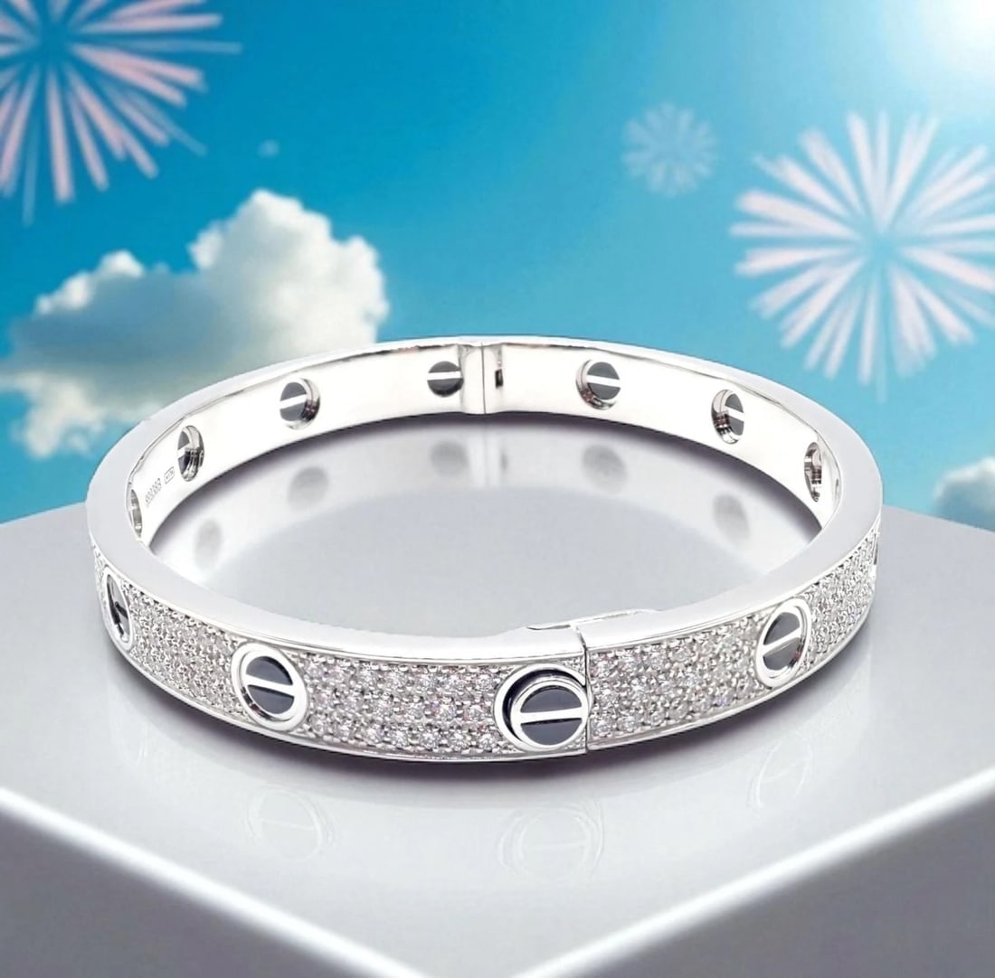 Authentic! Cartier Love 18k White Gold Diamond Pave Ceramic Bracelet Sz 18 Paper - 2