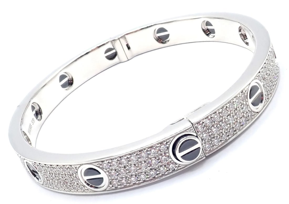Authentic! Cartier Love 18k White Gold Diamond Pave Ceramic Bracelet Sz 18 Paper - 3