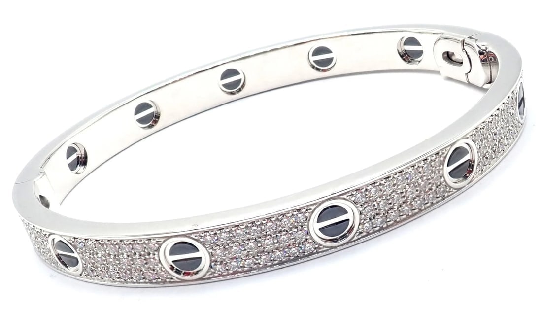 Authentic! Cartier Love 18k White Gold Diamond Pave Ceramic Bracelet Sz 18 Paper - 4