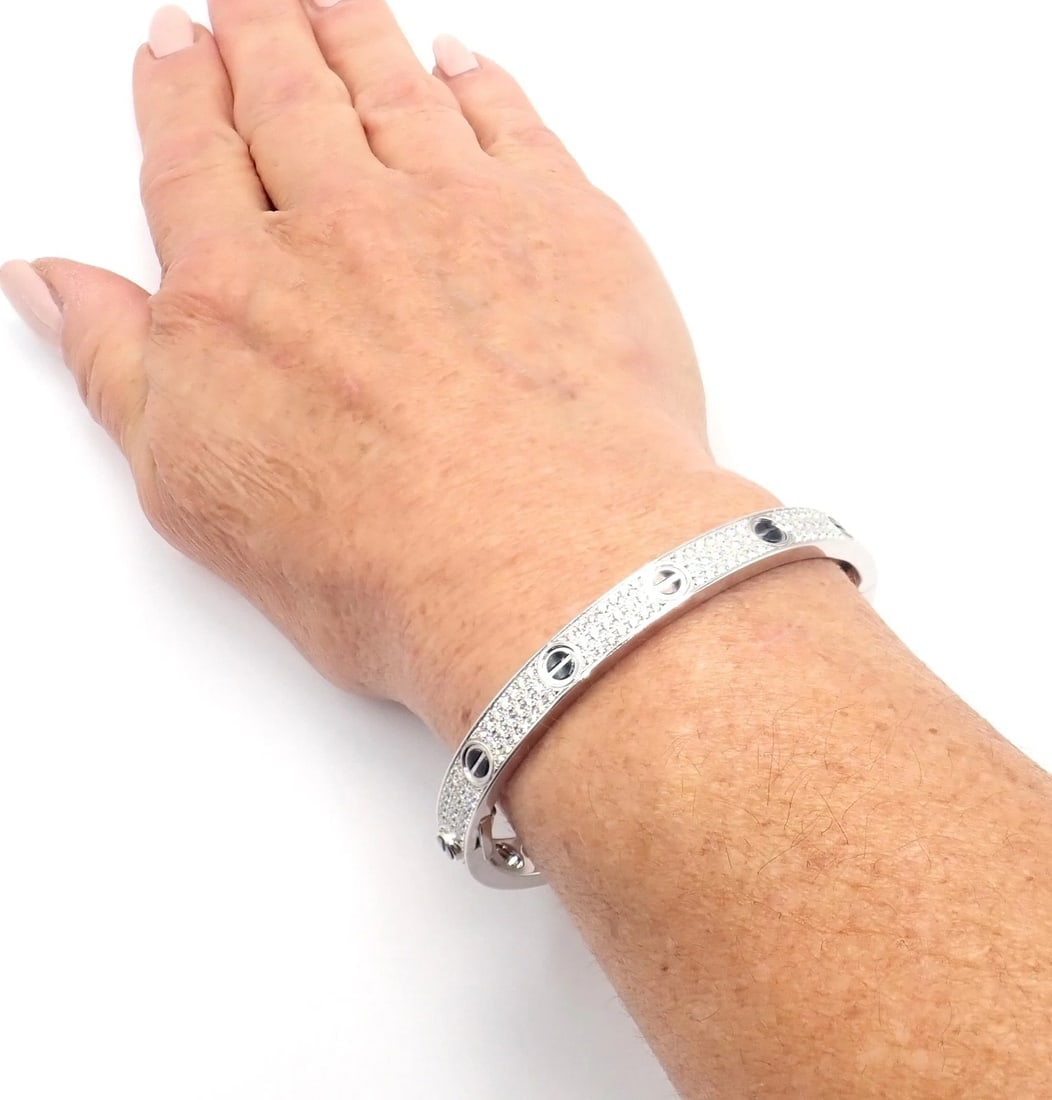 Authentic! Cartier Love 18k White Gold Diamond Pave Ceramic Bracelet Sz 18 Paper - 6