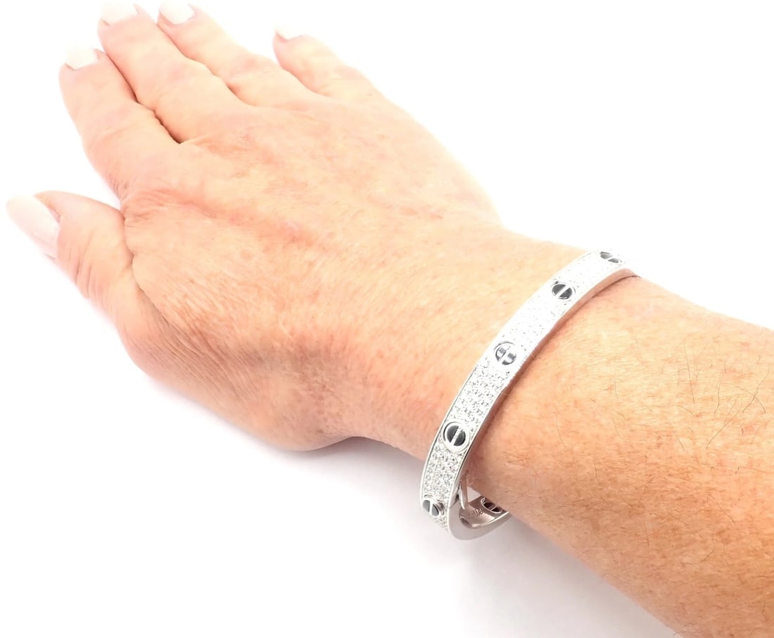 Authentic! Cartier Love 18k White Gold Diamond Pave Ceramic Bracelet Sz 18 Paper - 7